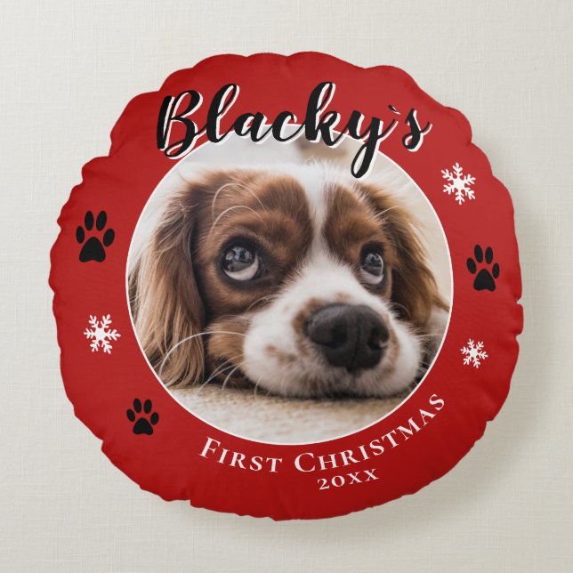 Coussins Ronds First Puppy Christmas Rustic Chien Nom Photo Rouge (Devant)