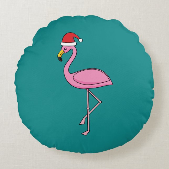 Coussins Ronds Flamant rose de Noël avec Santa Hat (Devant)