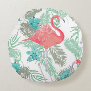 Coussins Ronds Flamant rose, orchidée : motif vintage romantique.