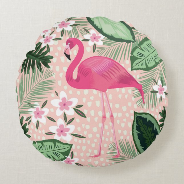 Coussins Ronds Flamant rose, palmiers, design de cuisine (Devant)