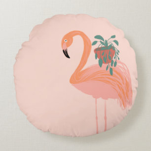 Coussins Ronds Flamant rose tropical avec main Plante pointillée 