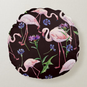 Coussins Ronds Flamants d'aquarelle et fleurs sauvages motif.