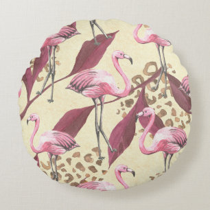 Coussins Ronds Flamingo rose tropical, motif léopard.