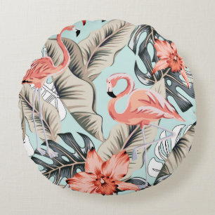 Coussins Ronds Flamingo rose tropicale avec fleurs d'orchidées et