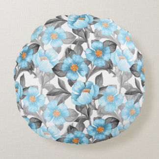 Coussins Ronds Fleur Aquarelle Bleue - Floral Botanique