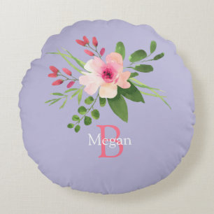 Coussins Ronds Fleur aquarelle, nom et monogramme sur lavande