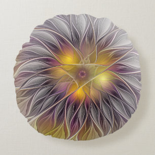 Coussins Ronds Fleur colorée lumineuse, fractale moderne abstrait