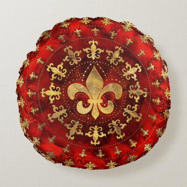 Coussins Ronds Fleur de lis ornement Marbre rouge et or (Devant)