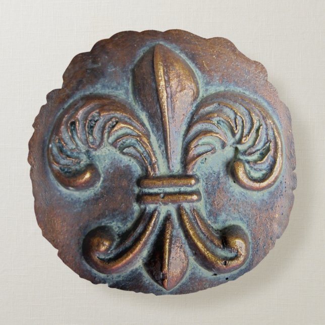 Coussins Ronds Fleur De Lis, Revêtement De Cuivre Vieilli Imprimé (Devant)
