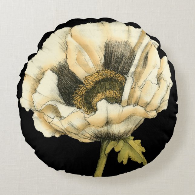 Coussins Ronds Fleur de pavot à crème sur Arrière - plan noir (Devant)