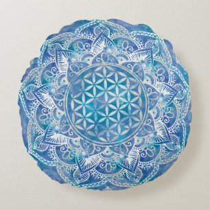 Coussins Ronds Fleur de vie à Lotus - Aquarelle Bleue