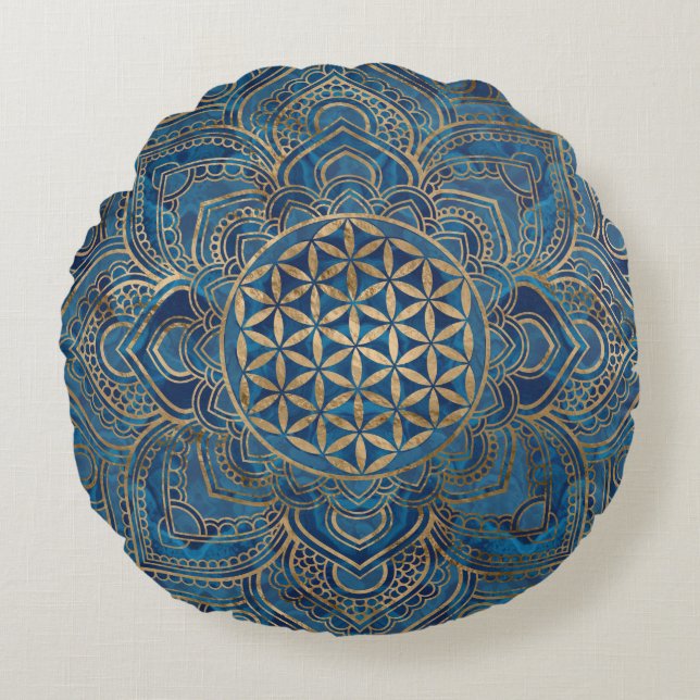 Coussins Ronds Fleur de vie à Lotus - Marbre bleu et or (Devant)