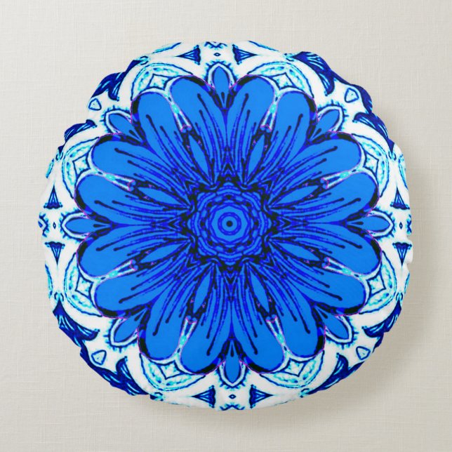 Coussins Ronds Fleur géométrique Motif en Bleu Cobalt et Marine (Devant)