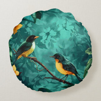 Coussins Ronds Fleur jaune et oiseau motif vintage forêt