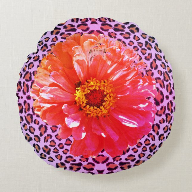 Coussins Ronds Fleur rose et orange funky avec motif léopard (Devant)