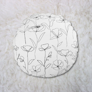 Coussins Ronds Fleur sauvage de pavot Floral minimal noir et blan