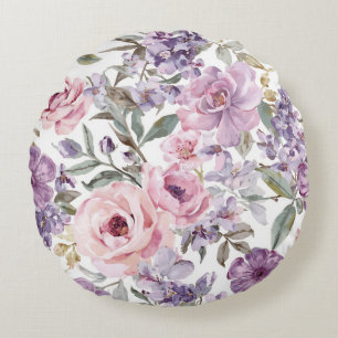 Coussins Ronds Fleur violette aquarelle rose lavande florale rose