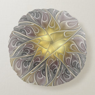 Coussins Ronds Fleurir Avec Or Moderne Fleur Abstraite Fractale