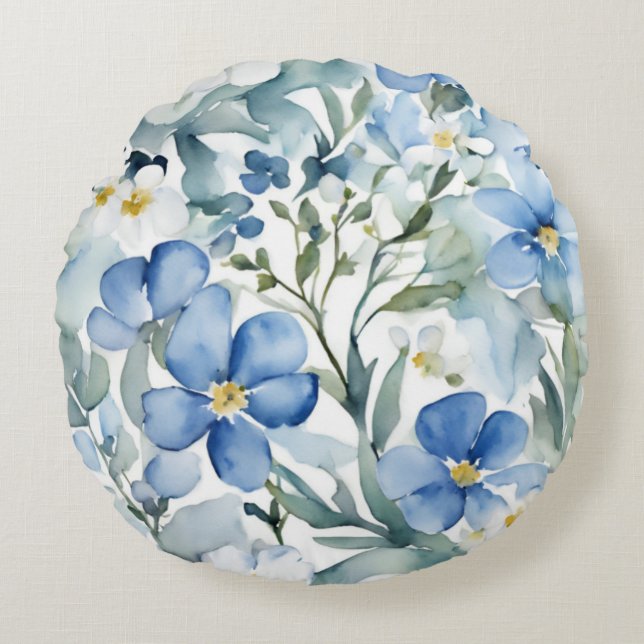 Coussins Ronds Fleurs Bleues Blancs Aquarelle Chic (Devant)