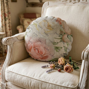 Coussins Ronds Fleurs d'amour : Roses roses et blanches sur lin