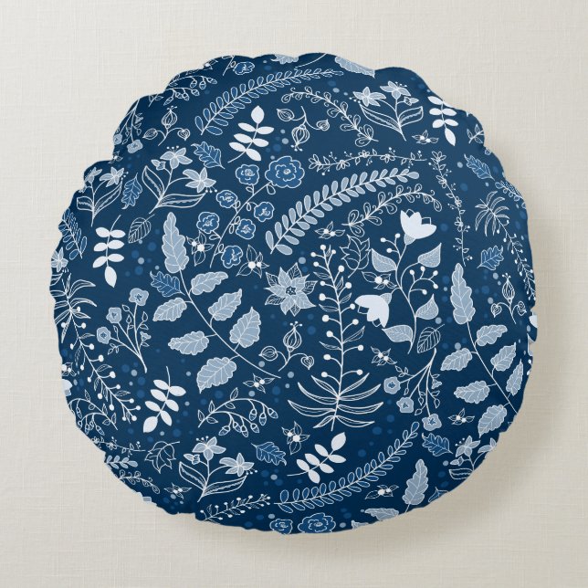 Coussins Ronds Fleurs de Boho Bleu Classique Belle (Devant)