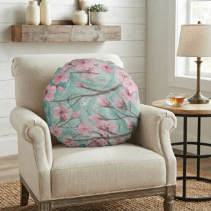 Coussins Ronds Fleurs de cerisier rose élégantes à l'aquarelle su