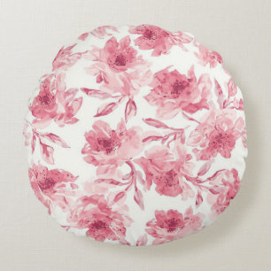 Coussins Ronds Fleurs de couleur rose tendre peintes à l'aquarell