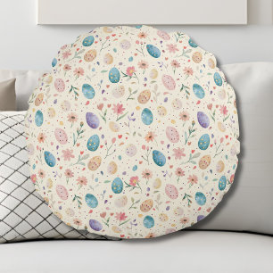 Coussins Ronds Fleurs de Pâques aquarelle vintage feuilles œufs