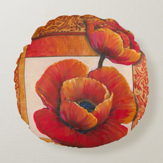 Coussins Ronds Fleurs de pavot sur l'arrière - plan bronzage et (Devant)