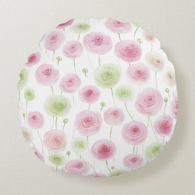 Coussins Ronds Fleurs de renoncule rose menthe (Devant)
