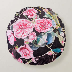 Coussins Ronds Fleurs de roseau à l'aquarelle rose peinture flora