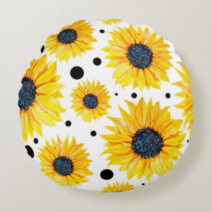 Coussins Ronds Fleurs de soleil jaunes Motif Arrière - plan blanc