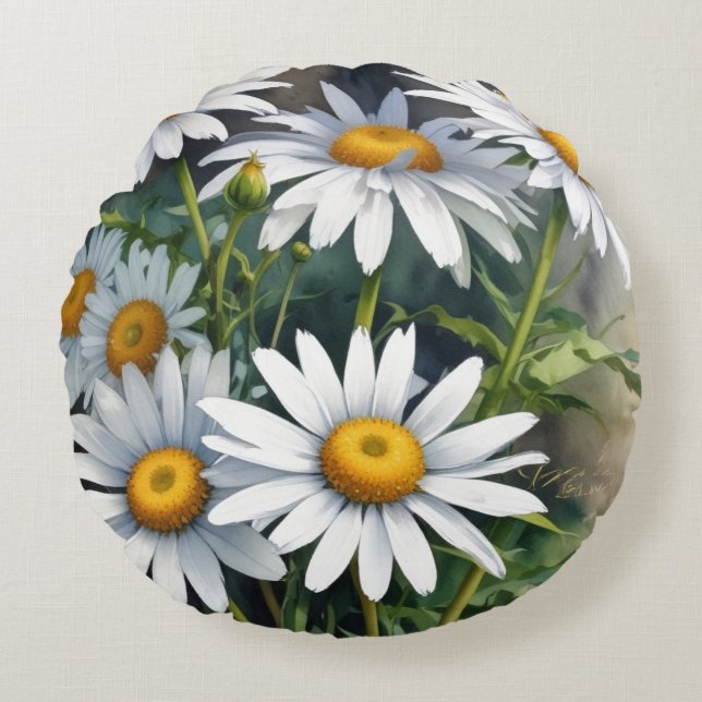Coussins Ronds Fleurs et marguerites Elégante aquarelle (Devant)