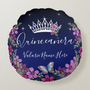 Coussins Ronds Fleurs et papillon Quinceanera bleu