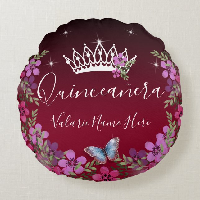 Coussins Ronds Fleurs et papillon Quinceanera Bourgogne (Devant)