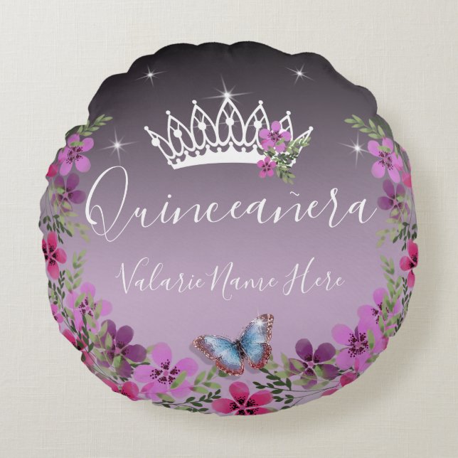 Coussins Ronds Fleurs et papillon Quinceanera violet (Devant)