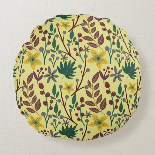 Coussins Ronds Fleurs florales sans coutures motifs, feuilles, br (Devant)