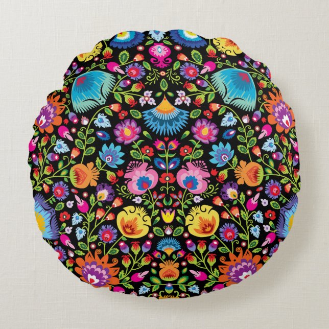 Coussins Ronds Fleurs folkloriques Wycinanki noir (Devant)