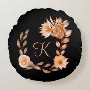 Coussins Ronds Fleurs noir marron et pêche avec monogramme