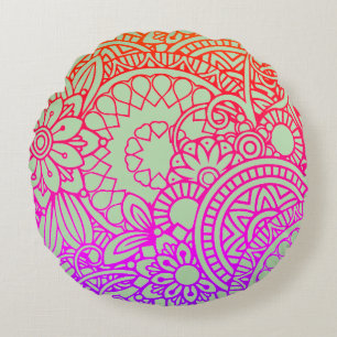 Coussins Ronds Fleurs orange violet et fond de sauge doux