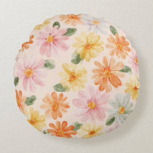 Coussins Ronds Fleurs Rose Jaune Bleu Pêche