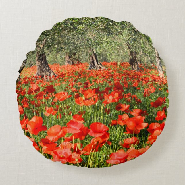 Coussins Ronds Fleurs rouges de pavot sous de vieux oliviers (Devant)