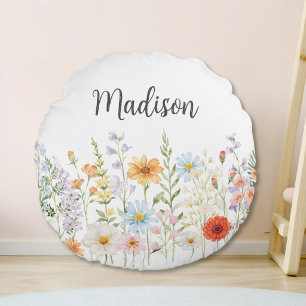 Coussins Ronds Fleurs Sauvages Aquarelle Monogramme Floral Botani