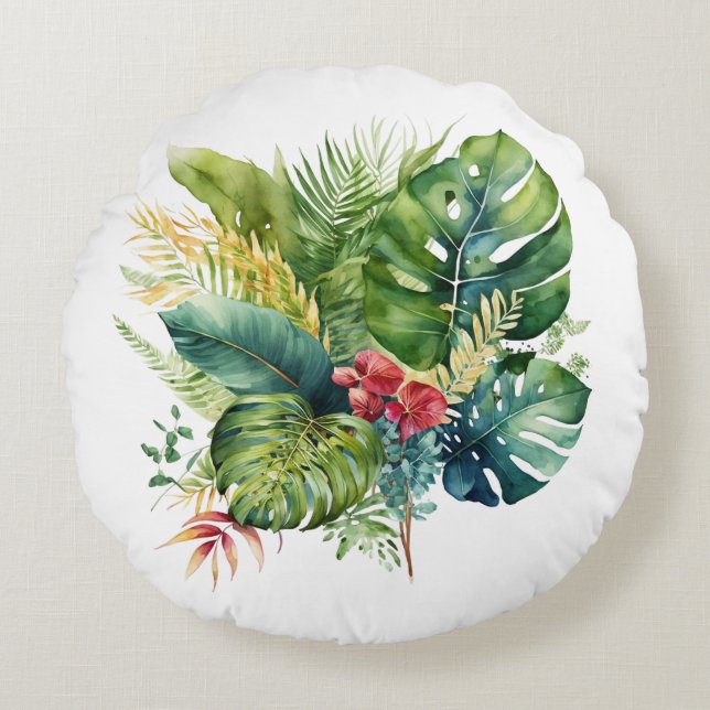 Coussins Ronds Fleurs tropicales roses et feuilles de palmier ver (Devant)