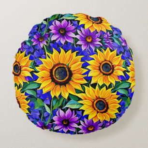 Coussins Ronds Fleurs violettes et tournesols jaunes Floral