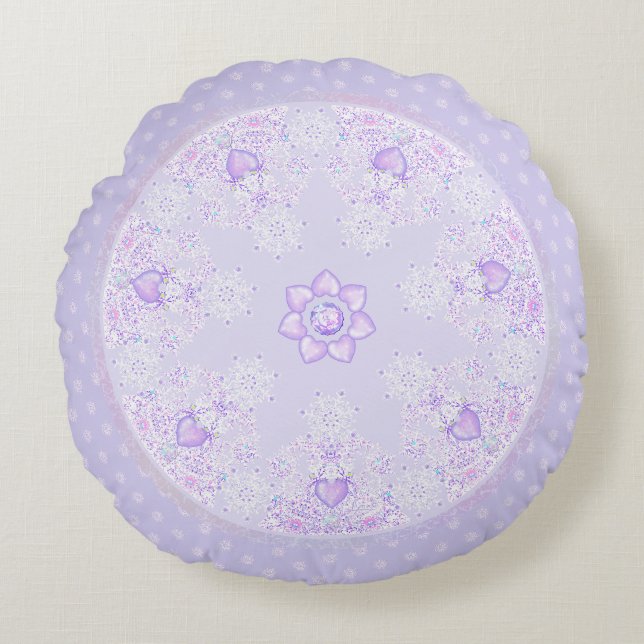 Coussins Ronds flocon de neige violet clair et coeur étincelant (Devant)