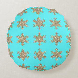 Coussins Ronds Flocons de neige dorés scintillants motifs turquoi