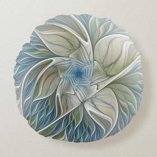 Coussins Ronds Floral Dream Motif Abstrait Blue Khaki Fractal (Devant)