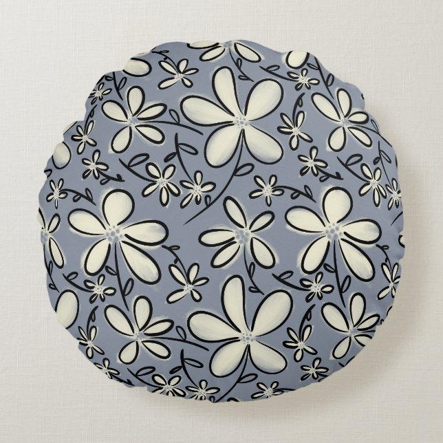 Coussins Ronds Floral Gris et motif de fleur de crème (Devant)