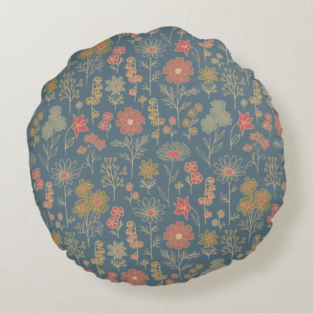 Coussins Ronds Floral moderne Denim Blue & Coral (Dos)